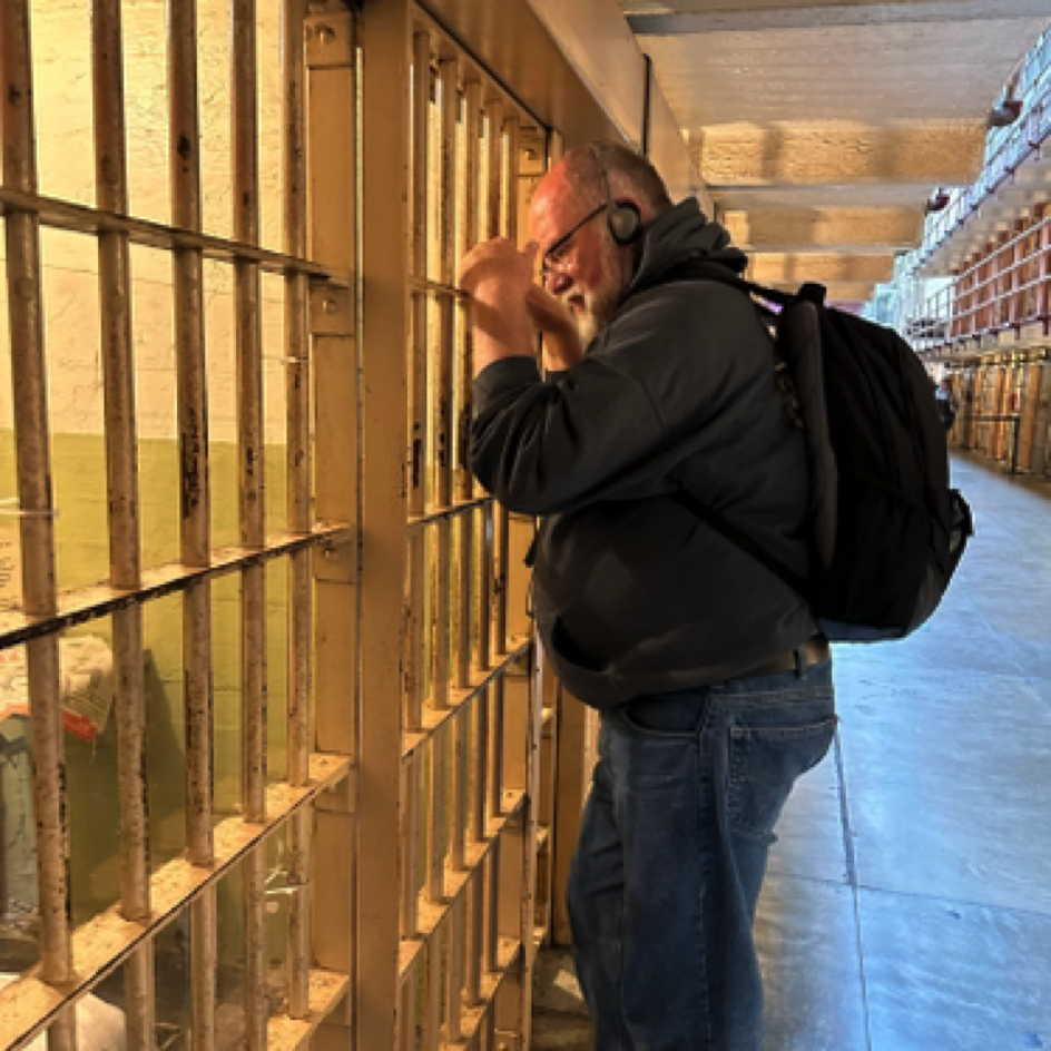 Brian listening to the audio tour on Alcatraz